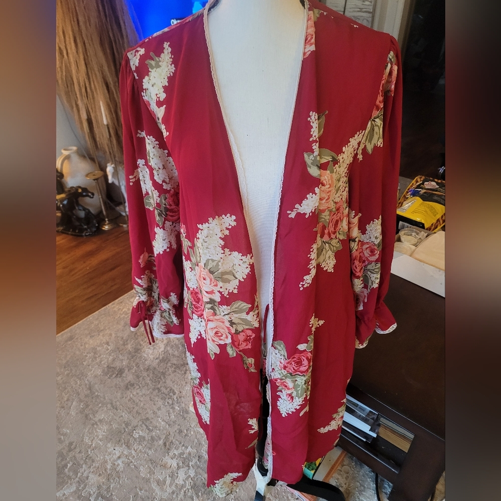 Oscar de la Renta Red Floral Women's Duster